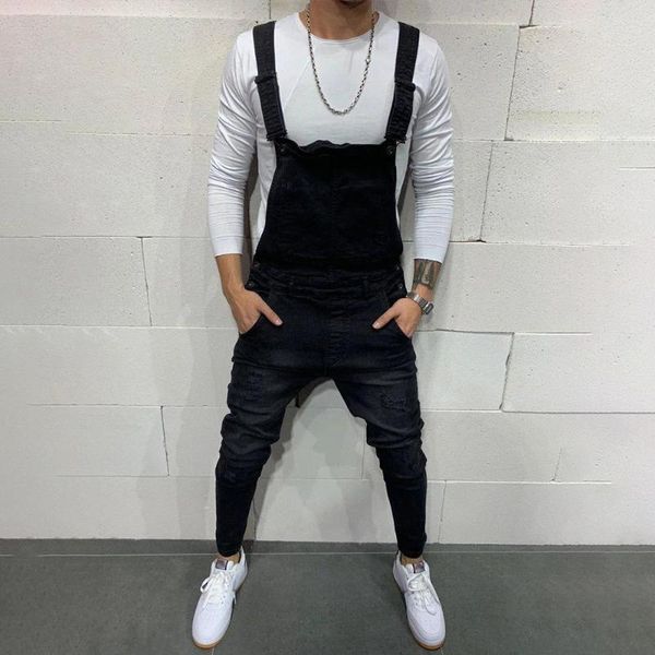 

men's jeans summer fashion for cool men black slim bib pants gentleman casual denim overalls male jumpsuit pockets trousers d30, Blue