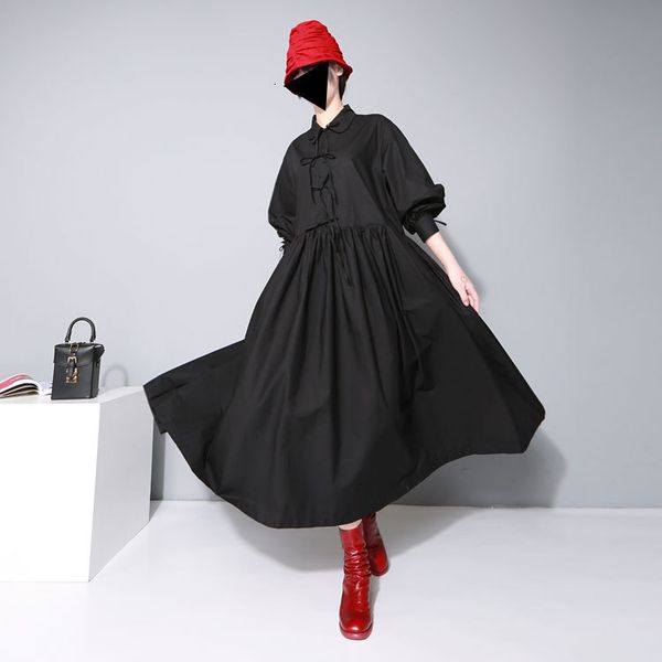 

women bandage bow split joint pleated big size dress new lapel long sleeve loose fit fashion tide spring autumn 2020, Black;gray