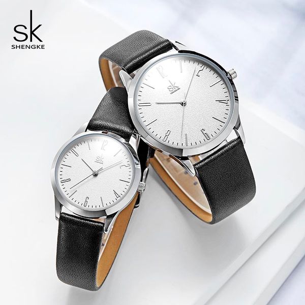 

shengke couple watches fashion black leather women men luxury lovers quartz female male wrist quartz watches 2020, Slivery;brown