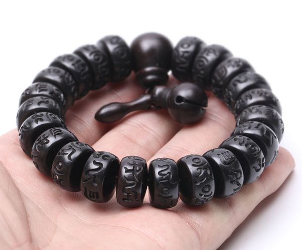 

tibetan buddhist male om mani padme hum bracelet wood mala prayer beads meditation men wrist wooden bracelet yoga jewelry, Black