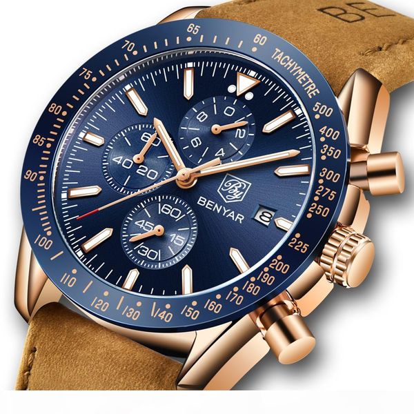 

benyar men watches silicone strap waterproof sport quartz chronograph watch men clock relogio masculino, Slivery;brown