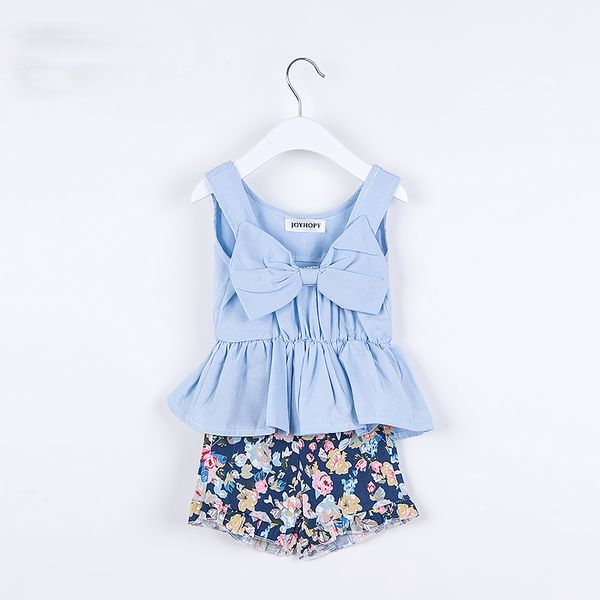 

100-140cm 2pcs (back bowknot shirt +flower shorts)baby girls clothing set child kids girl clothes set summer style, White