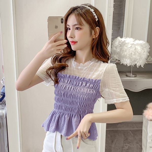 

2020 летний новый дизайн корейский стиль моды марлевые шить рубашки все сопрягать пригонки западный стиль короткий рукав рубашки для женщин, White