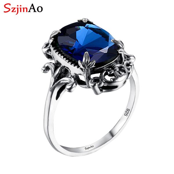 

szjinao 925 sterling silver jewelry wholesale fine carved antique jewelry sapphire women sterling silver ring, Golden;silver