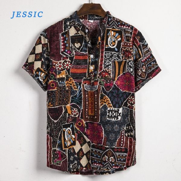 

jessic national style men linen floral print short sleeve shirt summer hawaii holiday loose casual stand shirts top, White;black