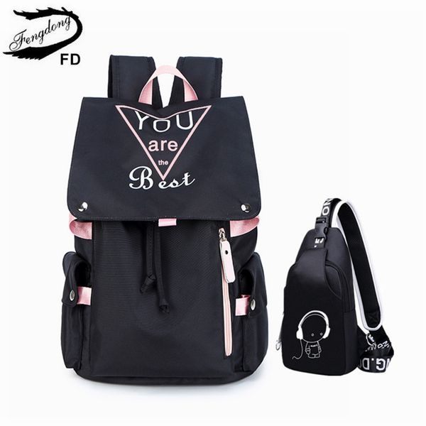 

fengdong 2pcs/set teen girl school backpack set luminous sling chest bag set high school bags for girls travel lapbackpack