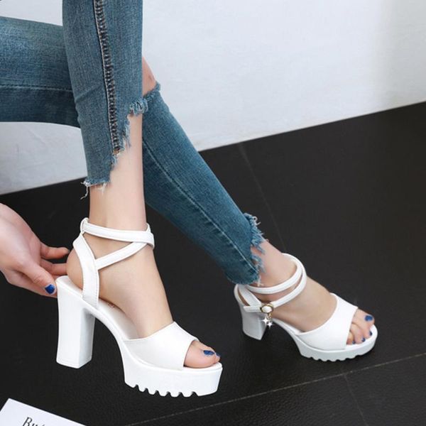 

2020 female sandals summer fashion casual crystal solid peep toe sandals high heel thick heel shoes summer for women, Black
