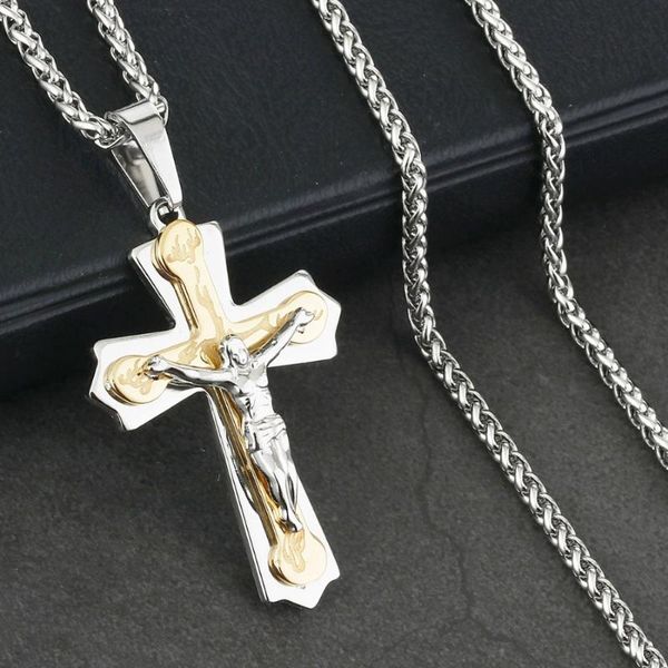 

christ cross pendant necklace male sturdy stainless steel crucifix link chains religious jewelry metal body statement gift nc130, Silver