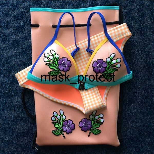 

printed sbr three-layer neoprene three-color split bikini swimsuit, White;black