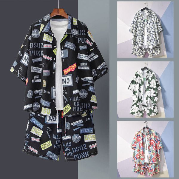 

gym clothing 2021 summer suit boys wear a set of short-sleeved shorts and floral shirt casual, White;black