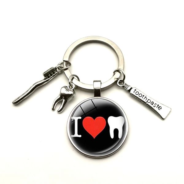 

new creative cute cartoon teeth pattern dentist medal keychain children's gift glass dome pendant keyring hoilday party souvenir, Silver