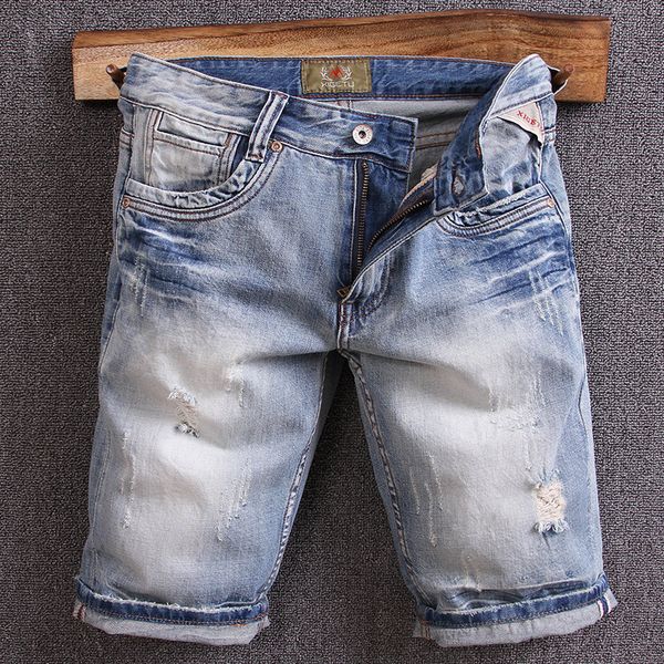 

fashion summer designer men jeans shorts light blue ripped short jeans men streetwear hip hop denim shorts hombre