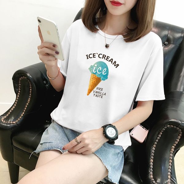 

100cotton цельных двухсекционного коротких рукава футболки женщины лето 2020 новый корейский стиль большого размера студент свободно футболк, White
