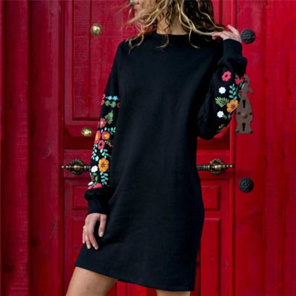 

урожай цветочные печати короткие платья женский пуловер вскользь straight vestidos женщин осень длинные рукава платья мини, Black;gray