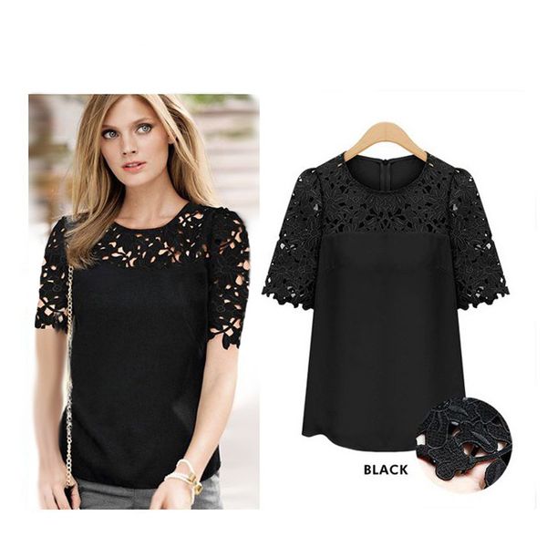 

aq62 women lace blouses plus size hollow crochet chiffon blusas feminina short sleeve shirt blouse s-5xl, White