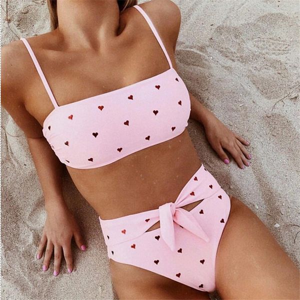 

lady beach bikini 2020 summer swimsuit swimwear women heart print padded beachwear bathing suit push up bikinis set, White;black