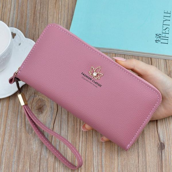 

dou red wallet ladies long fashion 2020 japan and south korea zipper large capacity litchi pattern leaf wallet clutch bag 11