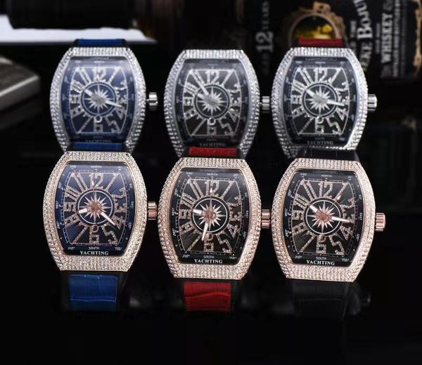 

6 color fashion men watch diamond iced out bezel watches classic design quartz movement leather strap male sport party wristwatches clock, Slivery;brown