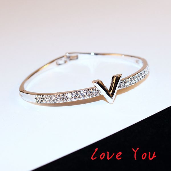 

european brand letter v bangle bracelet luxury zircon charms bangles for women party fine jewelry costume accessories, Black