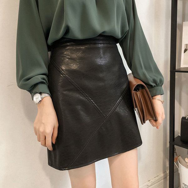 

new korean high waist leather short skirt female solid a-line short pu women elegant fashion causal mini skirts q98, Black