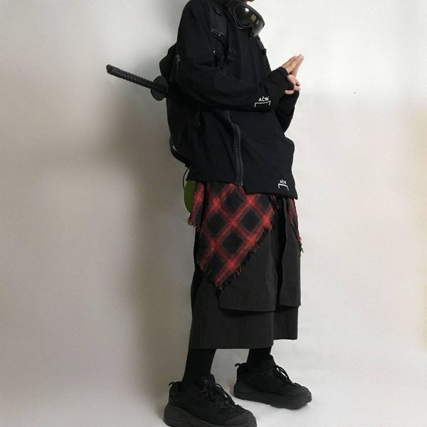 

hip hop high street hem ribbon culottes men women waist belt decoration mock two piece plaid shirt fashion long slee, Black