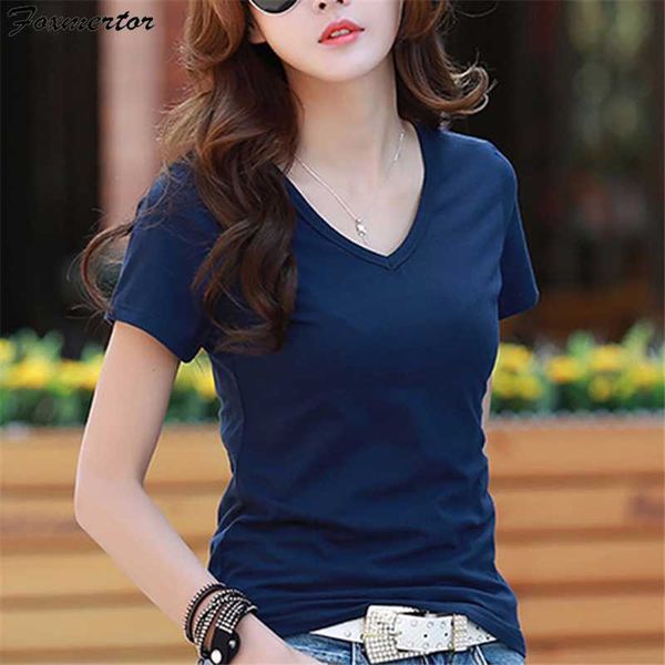 

foxmertor casual female t shirts soft cotton basic tees summer fashion women harajuku solid slim short sleeve t-shirts lady, White