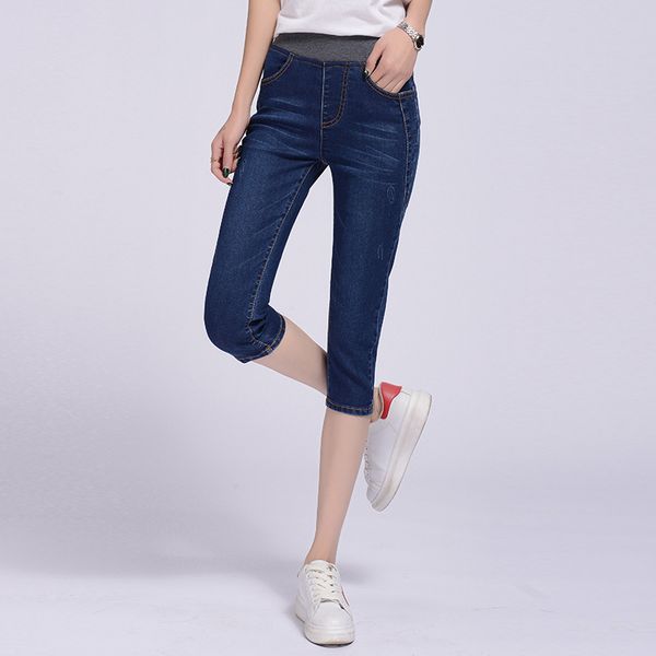 

women's jeans wkoud plus size pants for women summer capris high waist stretch washed denim skinny jean trousers p9074, Blue