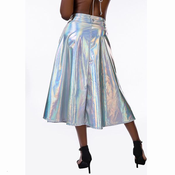 

women pleated leather midi skirts high waist a line flared pocket streetwear chic skirt night club bar dance disco skirt, Black