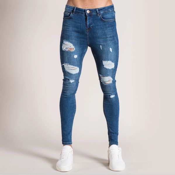 

2020 new mens jeans mens solid color jeans fashion slim pencil pants casual hole ripped design streetwear, Blue