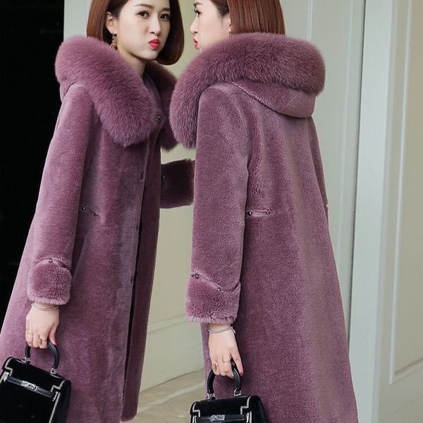 

2020 fashion women real sheep fur jacket soft natural sheep shearing thick long outerwear lady hooded fur collar coat a181, Black