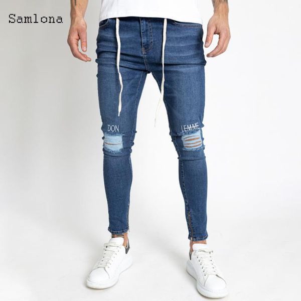 

hole ripped men jeans 2020 new fashion embroidery letter slim pencil pants casual foot opening zipper design streetwear, Blue
