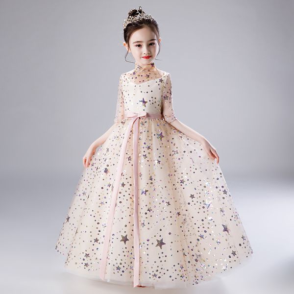

2020 new retail beauty appliques petal princess evening prom gown long dress with stars embroidery cute flower girls dress, Red;yellow