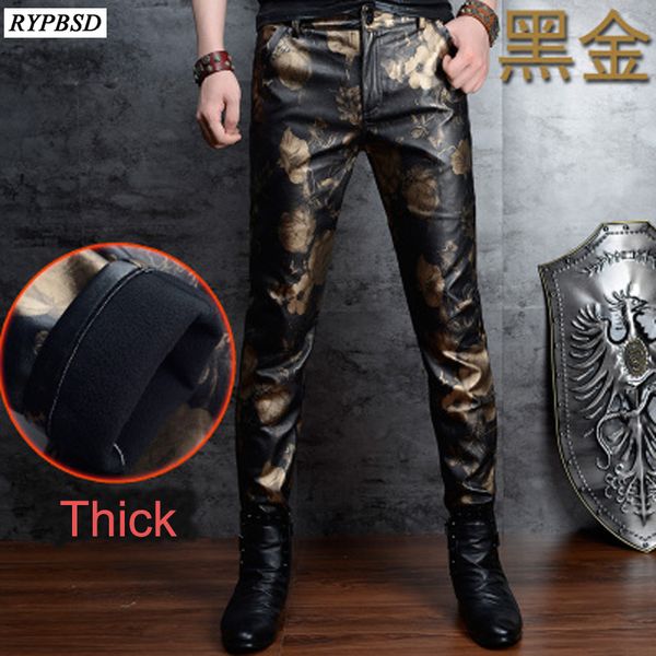 

autumn winter zipper mens leather pants plus velvet thick slim flower print fleece men faux leather trousers 28-36, Black