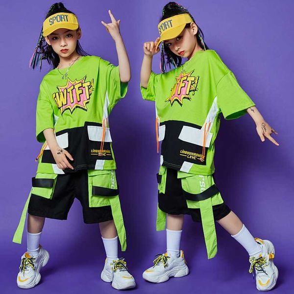 

jazz dance costume children's street dance set girls hip hop costumes loose shirt shorts stage performance clothing tide dl6314, Black;red