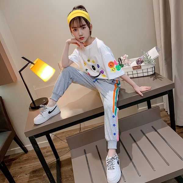 

bjs0l children's summer suit 2020 new fashion smiling face printing women's big boy color rope sports two- children's piece s