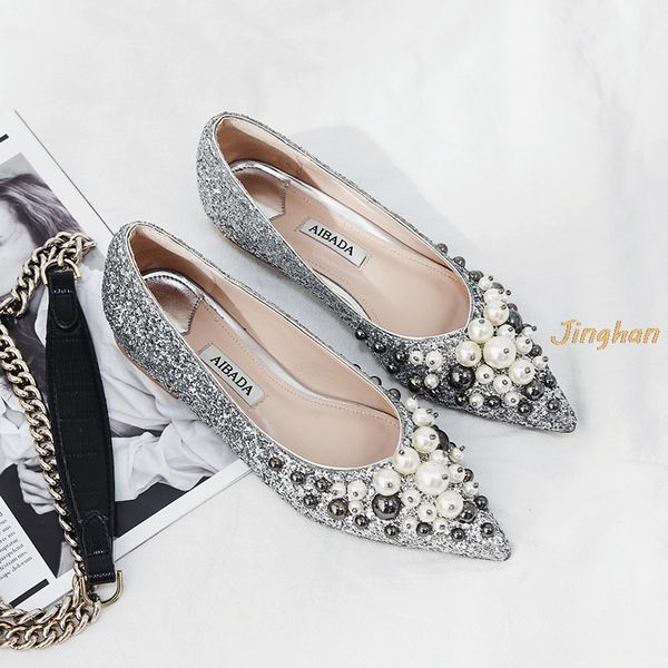 

летняя мода свадьба новый сингл обувь rhinestone хрустальная туфелька украшения pearl плоские туфли из натуральной кожи с плоским дном, Black