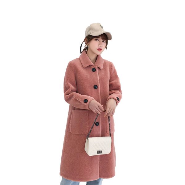 

new autumn winter sheep shearing parker coat female overcoat medium long composite fur one wool fur particle velvet lapel coats, Black