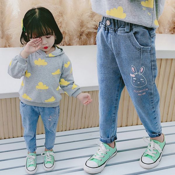 

2020 children's pants new korean girl's and children's pants jeans cartoon rabbit jeans version is good, Blue