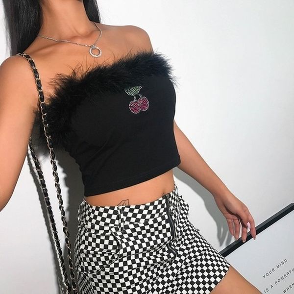 

crop women 2020 fashion fleece fur patchwork strapless tube rhinestone cherry pattern female streetwear droopship, White