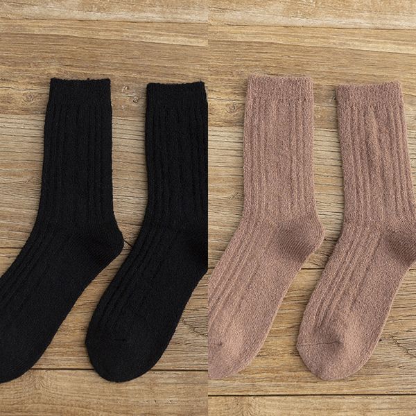 

new girls' wool solid color mohair pile socks autumn stockings wool stockings and winterstyle breathable mid-calf socks, Black