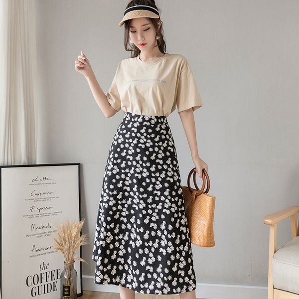 

весна / лето 2020 маргаритки nabi шифон юбка корейский стиль высокой талии цветочные шифон юбка, Black