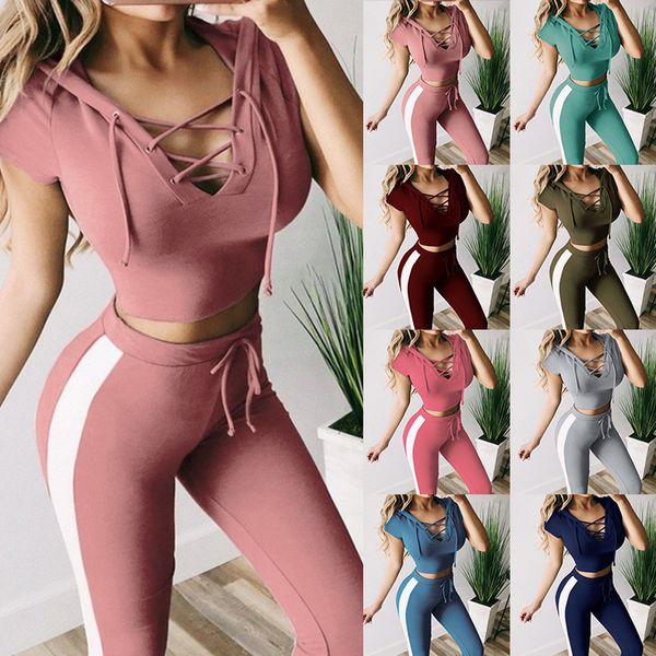 

2019 summer women slim solid color with hoodies sports two-piece suits female short sleeve long pants fashion lacing suits, Gray