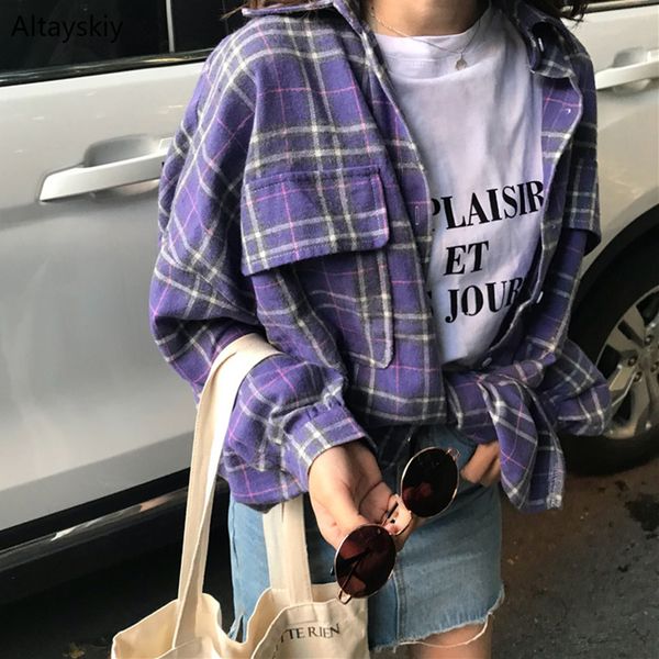 

women's blouses & shirts women turn-down collar plaid retro simple all-match korean style leisure daily shirt womens soft large size cl, White