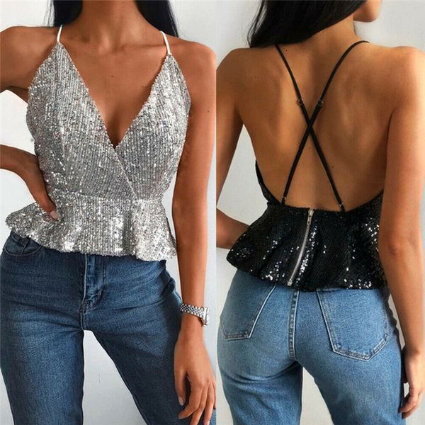 

women solid sequin deep v neck backless sleeveless vest tank blouse camisole women summer casual vest camis, White