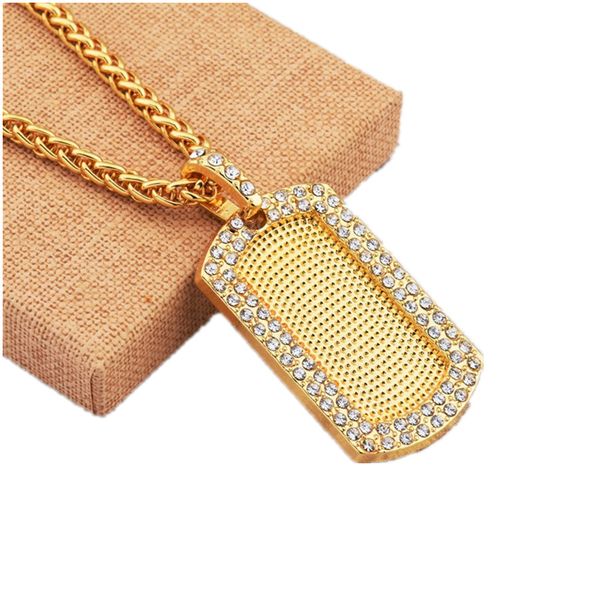 

fashion rhinestone design man dog tag gold color pendant necklace hip hop jewelry 75cm long chain american star popular wear necklace men, Silver