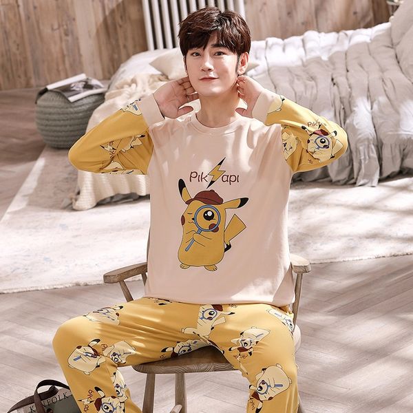 

2020 new men's cotton long-sleeved autumn trousers loose leisure home wear pajamas pajamas cartoon teenager suit, Blue;red