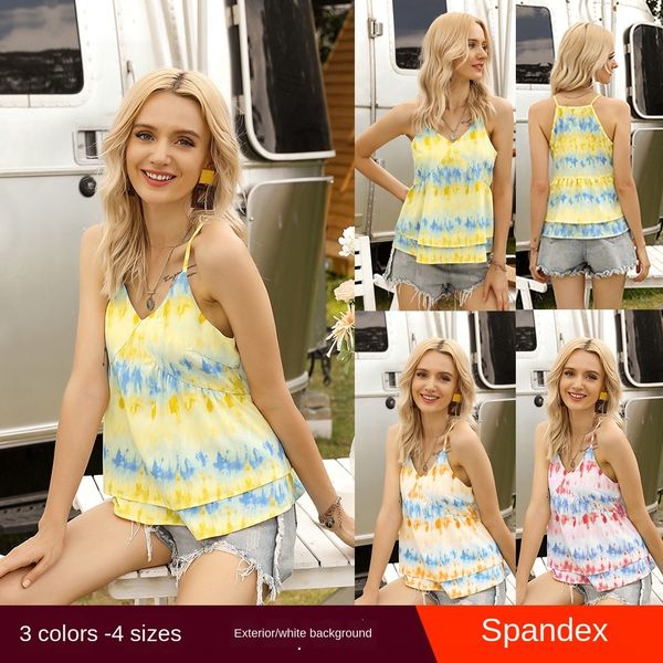 

dnqzw 2020 лето новой бретель врезка окрашенной v-образный вырез без рукавов оборок подвески футболки для женщин 2020 лето нового бретели to, Camo