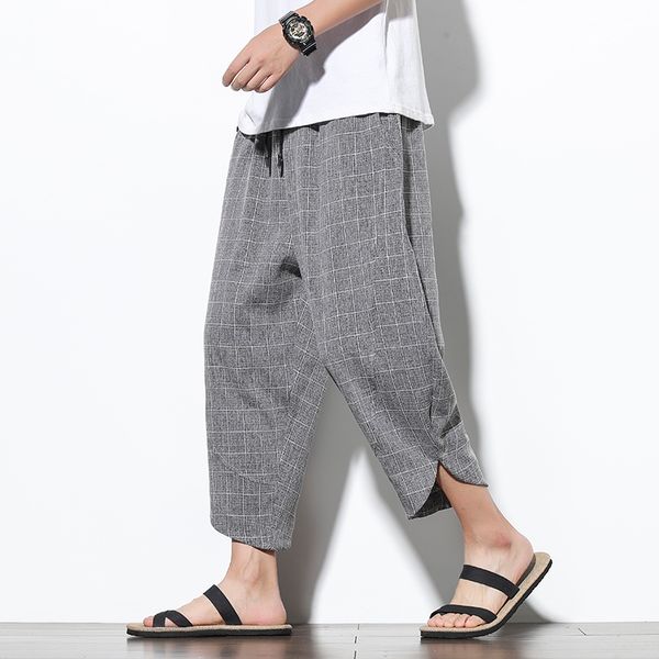 

men's pants 2021 ankle-length cotton linen plaid men trousers hip hop jogger sweatpants streetwear harem, Black
