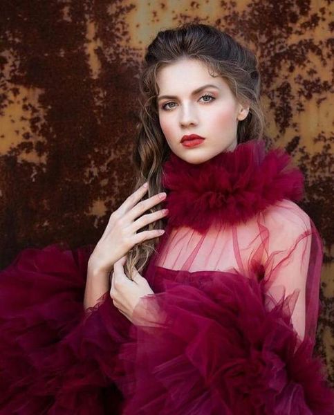 

women's swimwear 2021 chic wine red see thru tulle women and blouse with long sleeves tutu ruffles tiered high neck female top, White;black