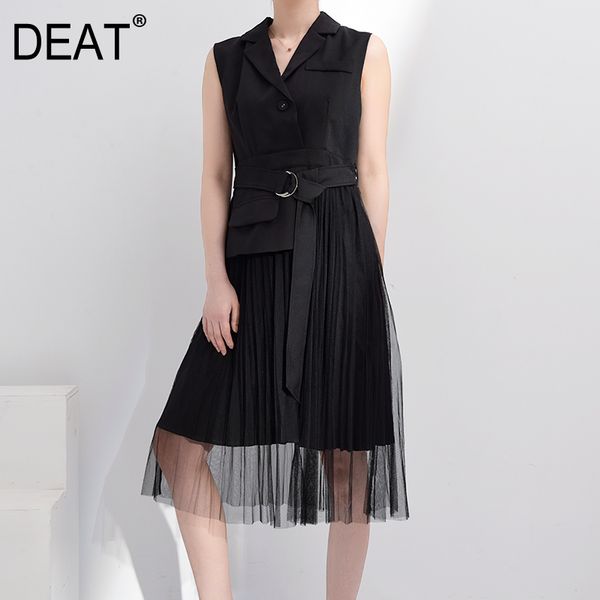 

deat] 2020 autumn new fashion black white sleeveless notched stitching mesh hemline women's unique dress yc590, Black;gray